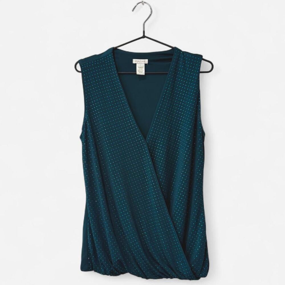 Y2K fully rhinestoned Cache teal blouse tank with baby blue gems S